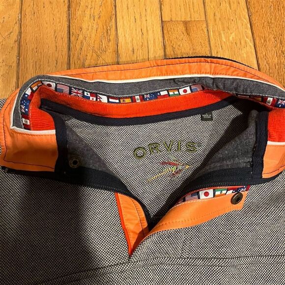 Orvis Men's 1/4 Zip Pullover Sweatshirt Gray Nautical Flag Trim L yacht - Picture 3 of 10